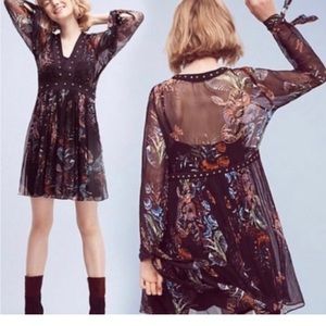 Anthropologie Nighttime Florals Chiffon Studded Dress By Maeve Black